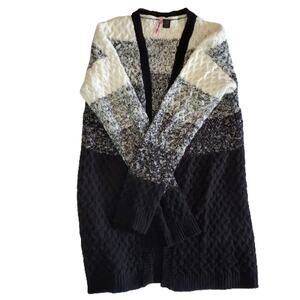 Love By Design Black Gray White Stripe Chunky Knit Cardigan Sweater Large